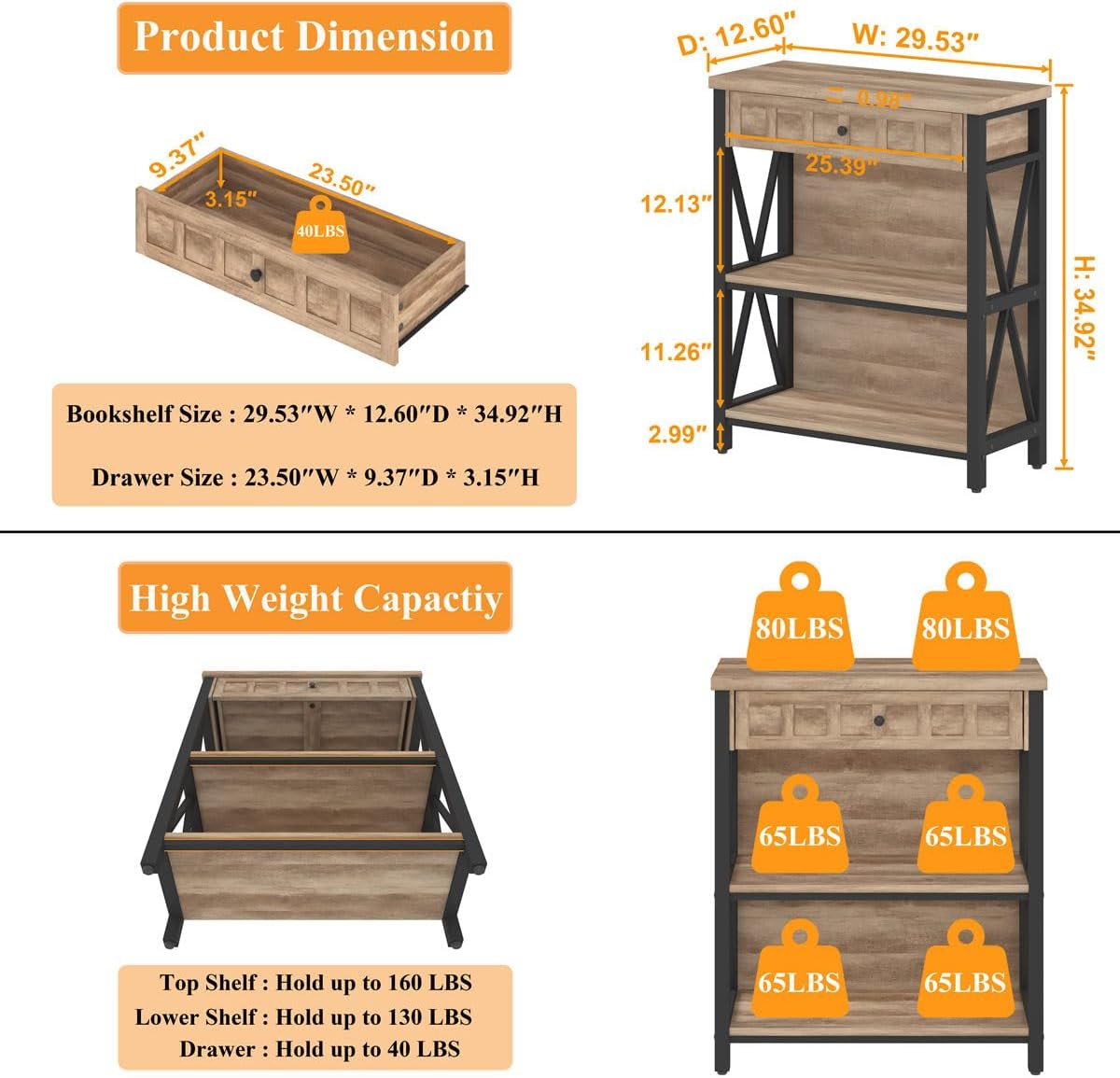 FATORRI Rustic Bookshelf with Drawer, Industrial Wood and Metal Bookcase, Small Short Book Shelf and Low Book case for Small Space (Rustic Oak)