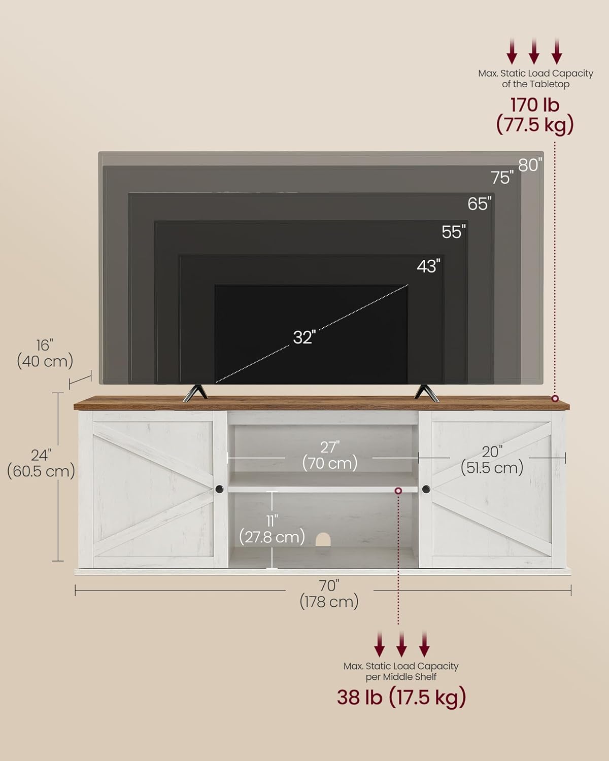 VASAGLE Farmhouse TV Stand for TVs up to 80 Inches, Entertainment Center with Storage Cabinets and Sliding Barn Doors, Media Console Table for Living Room, Rustic White and Honey Brown ULTV537W01