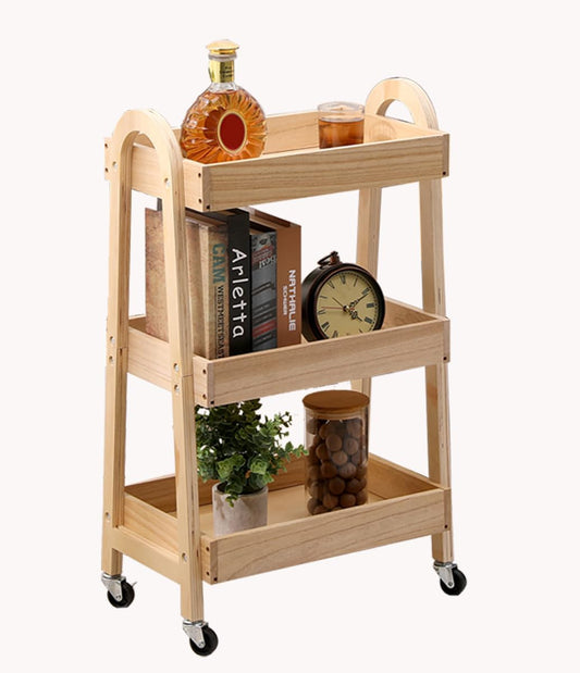 3-Tier Rolling Craft Cart, light-colored wood, Sturdy, Waterproof, with Wheels, for Kitchen, Bathroom, Laundry