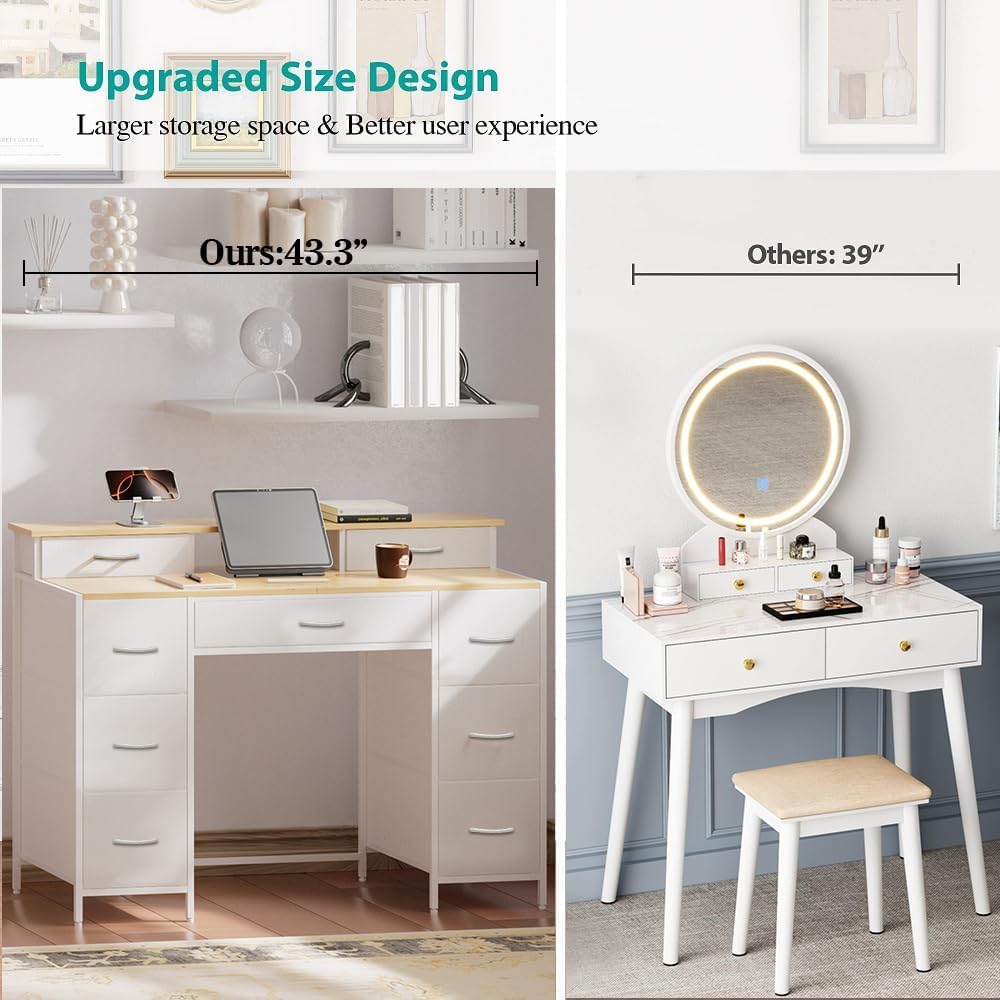 Dresser for Bedroom with 9 Drawers & 2 Open Shelves, Fabric Storage Dresser, Chest of Drawers, Long Dresser for Closet, Wooden Top & Metal Frame, Classic White