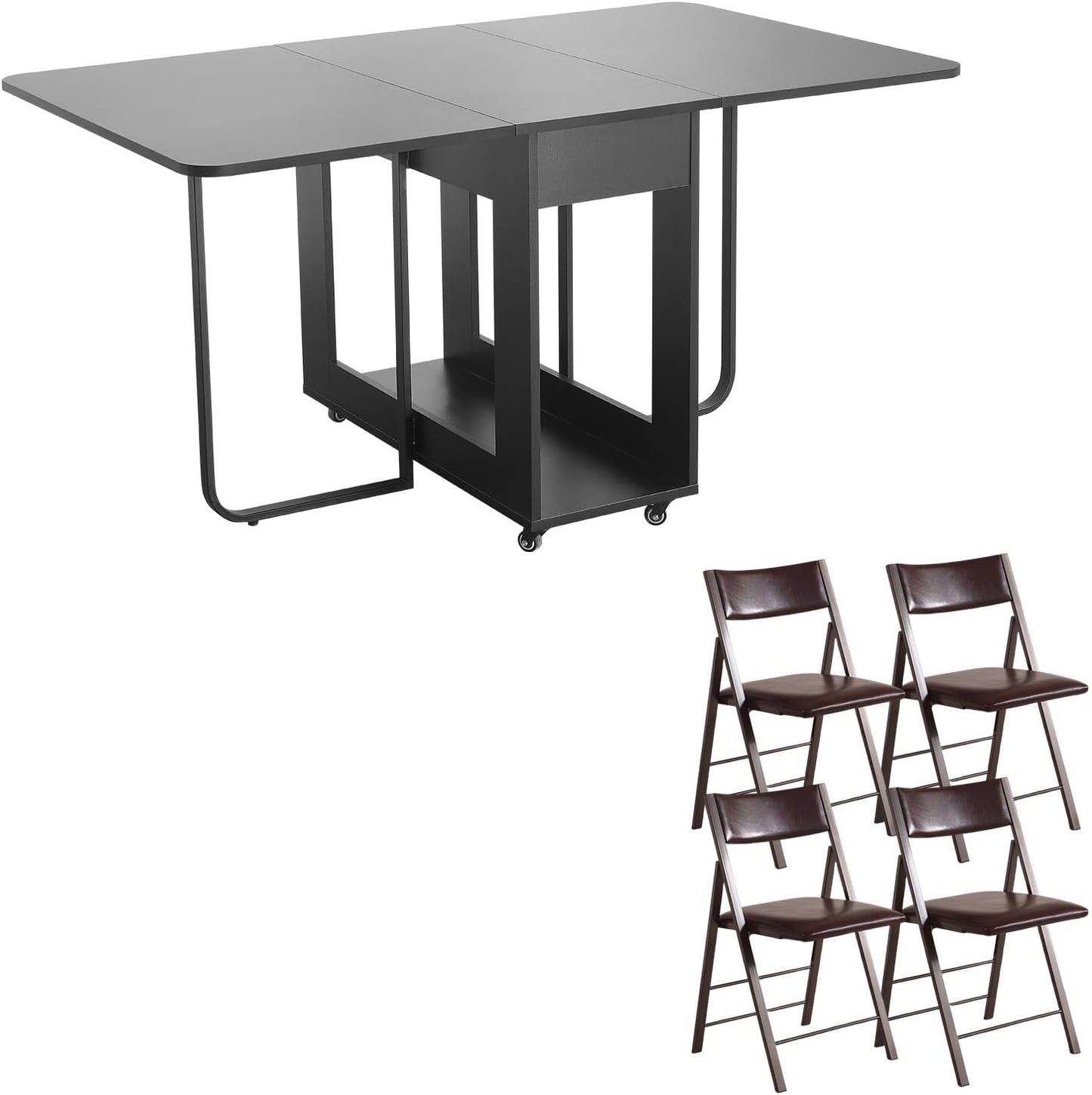 Folding table and chair set, dining table with extra large storage space and 4 universal wheels, matched with padded steel frame folding chairs, space-saving dining table and 4 chairs (Brown)