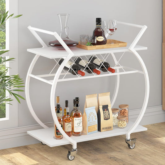 LVB White Bar Cart, Modern Rolling Serving Wine Cart with Storage, Industrial Wood Metal Kicthen Island Beverage Cart with Wheels, Microwave Drink Liquor Cart Table for Home Dining Living, White Oak