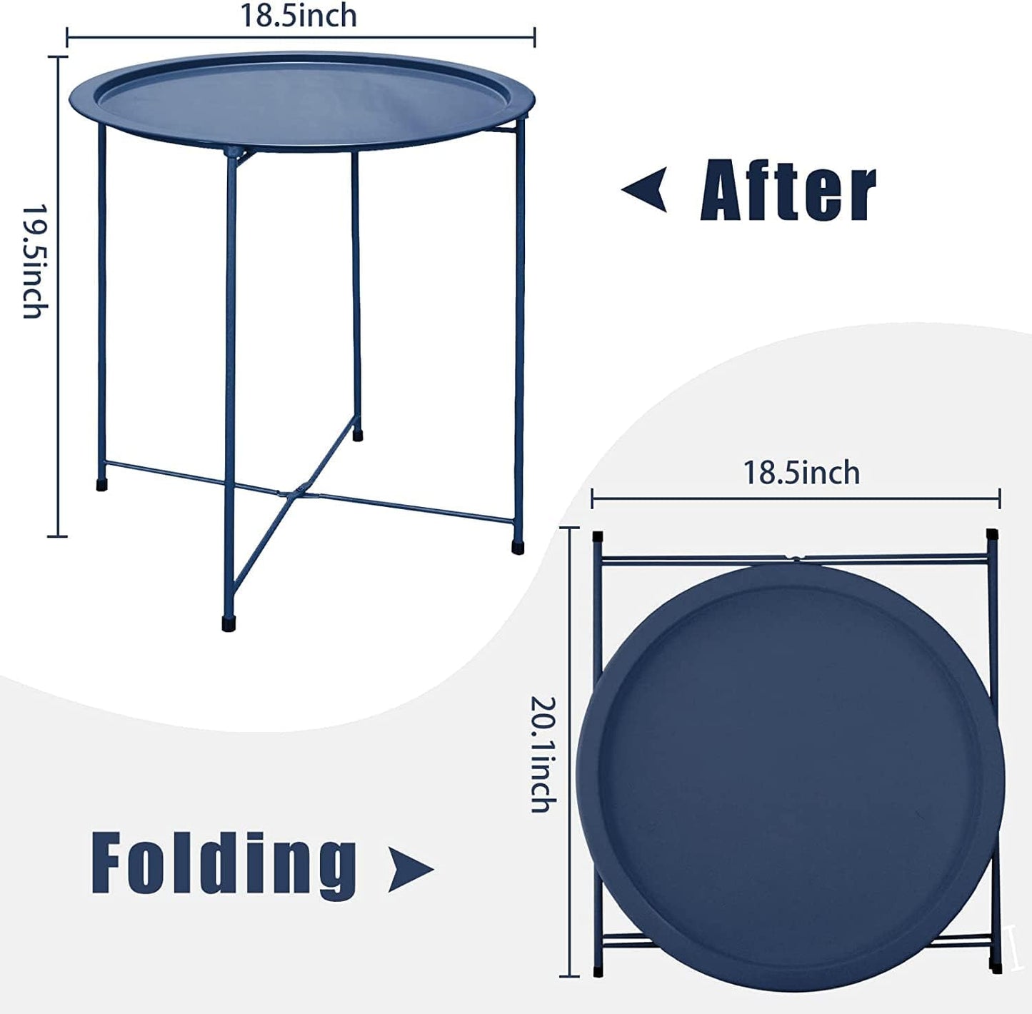 Garden 4 you End Table 2 PCS Metal Side Table Dark Blue Round Folding Tray Cyan Sofa Small Accent Fold-able Table, Round End Table Tray, Next to Sofa Table, Snack Table for Living Room and Bed Room