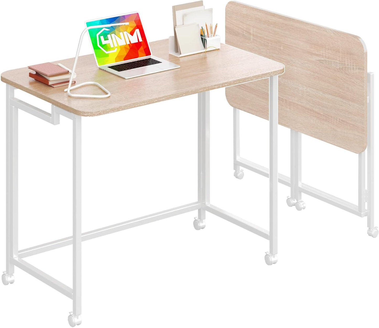 4NM 31.5" Mobile Small Rolling Computer Desk, Folding Laptop Cart Table with Wheels, Portable Office Desk for Small Space Couch Bed - Natural and White