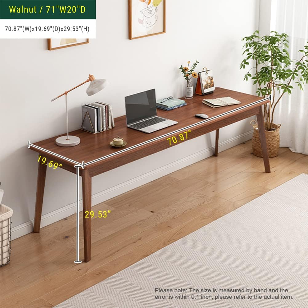 Mid-Century Long Desk Table - 71" Simple Modern Extra Long 2-Person Wood Computer Workstation for Home Office Work in Walnut, 71" W x 20" D