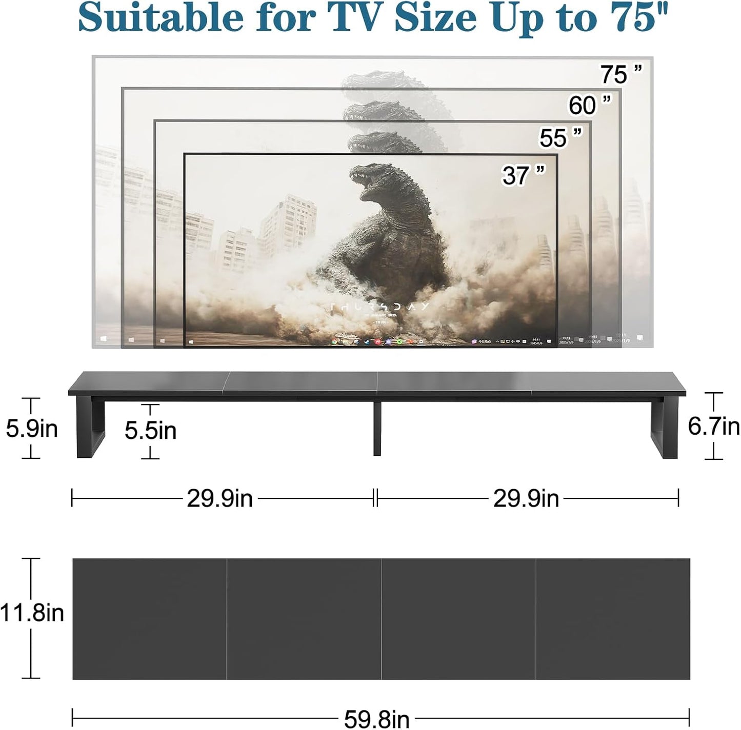 59" Large TV Riser Stand for 32-75 Inch TV, TV Shelf with Steel Legs, Tabletop TV Riser for Home Living Room, Study Office (Black)