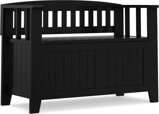 SIMPLIHOME Acadian Entryway Storage Bench - 36 inch Wide Solid Wood Small Hallway Seat in Black, Transitional Bench for Mudroom or Entryway with Lift-Up Lid, 2 Compartments and Slatted Backrest