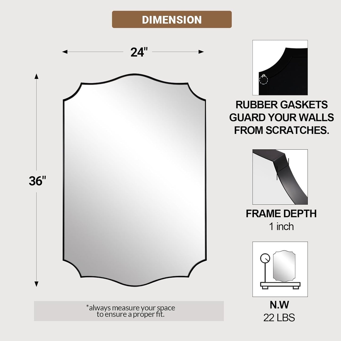 ANDY STAR Matte Black Mirror, 24x36 Inch Scalloped Bathroom Mirror, Unique Wavy Rectangle Mirror in Stainless Steel Metal 1” Frame, Wall Mount Vertical or Horizontal