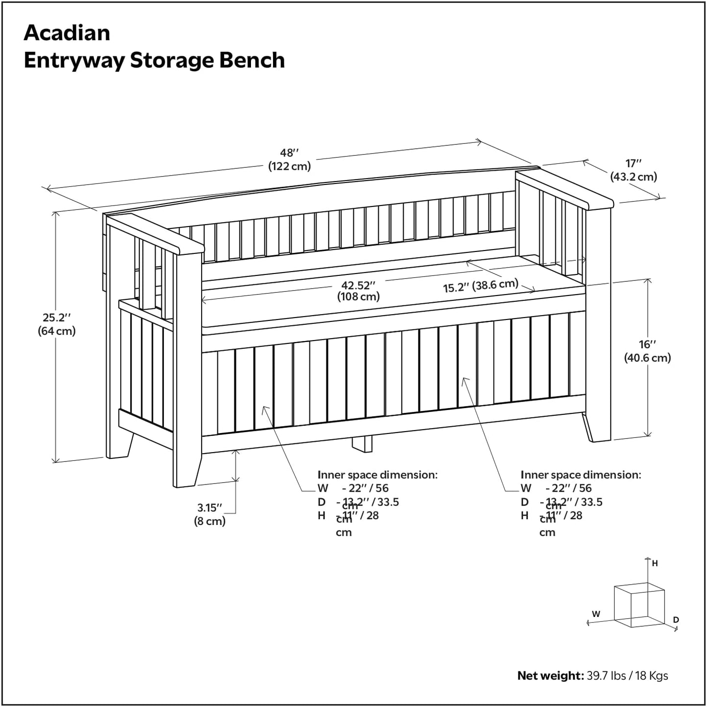 SIMPLIHOME Acadian Entryway Storage Bench - 48 inch Wide Solid Wood Hallway Seat in Brunette Brown, Transitional Bench for Entryway or Living Room with Lift-Up Lid and Spacious Storage