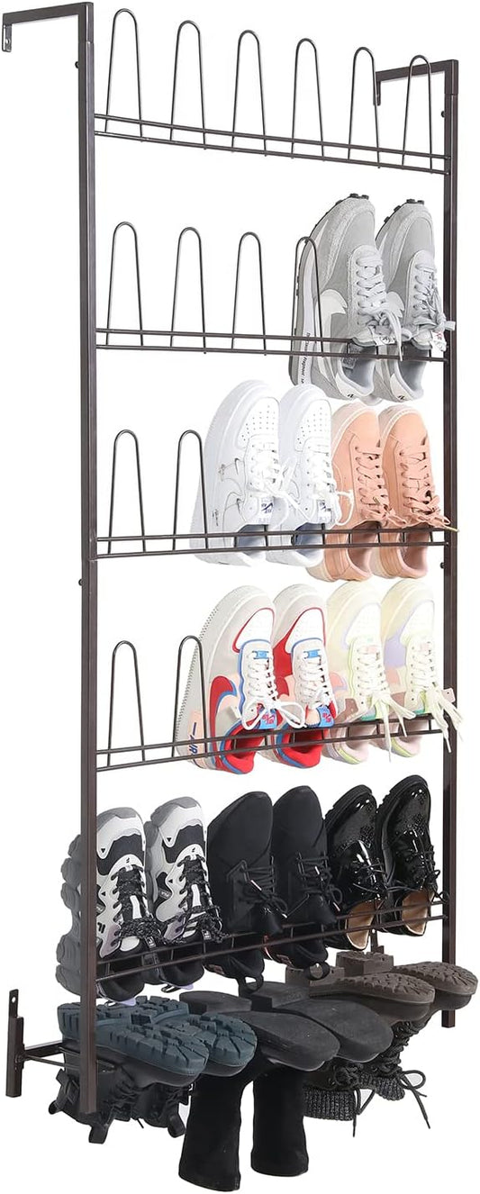 MyGift 5-Tier Wall Mounted Dark Brown Metal 18 Pair Boot and Shoe Storage Rack Organizer Stand