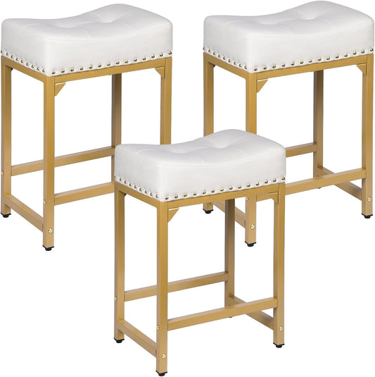 White & Gold Counter Height Bar Stools Set of 3, 24" Bar Stools for Kitchen Island, Modern Counter Stool Set of 3 Backless Saddle Barstools for Kitchen Dining Room White Gold