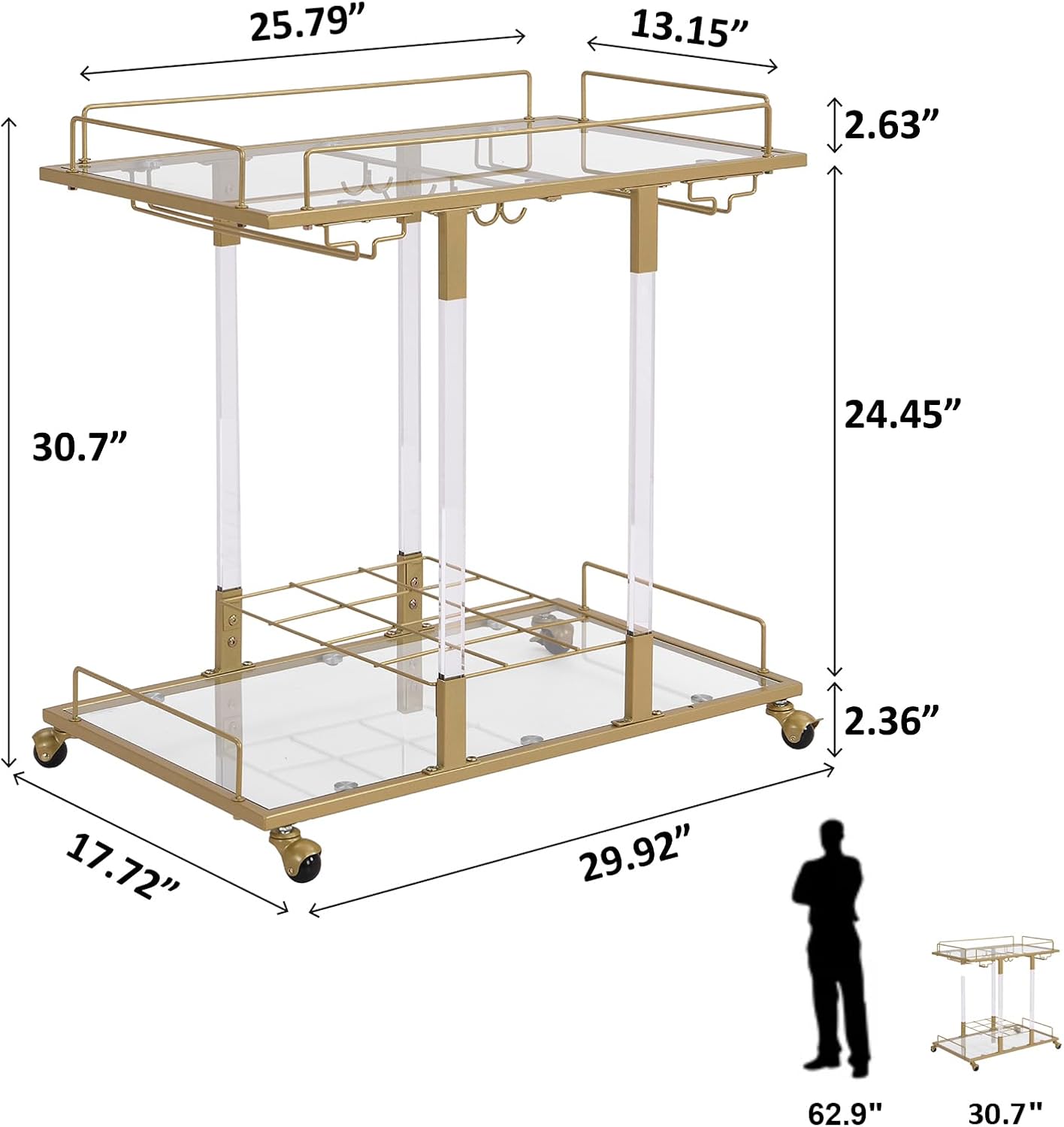 Bar Cart for Home Bar Chrome Serving Cart with Wine Rack 2-Tier Acrylic Rolling Bar Carts on Wheels Clear Dessert Cart Lucite Bar Stand Glass Liquor Cart for Living Room Kitchen Club Gold