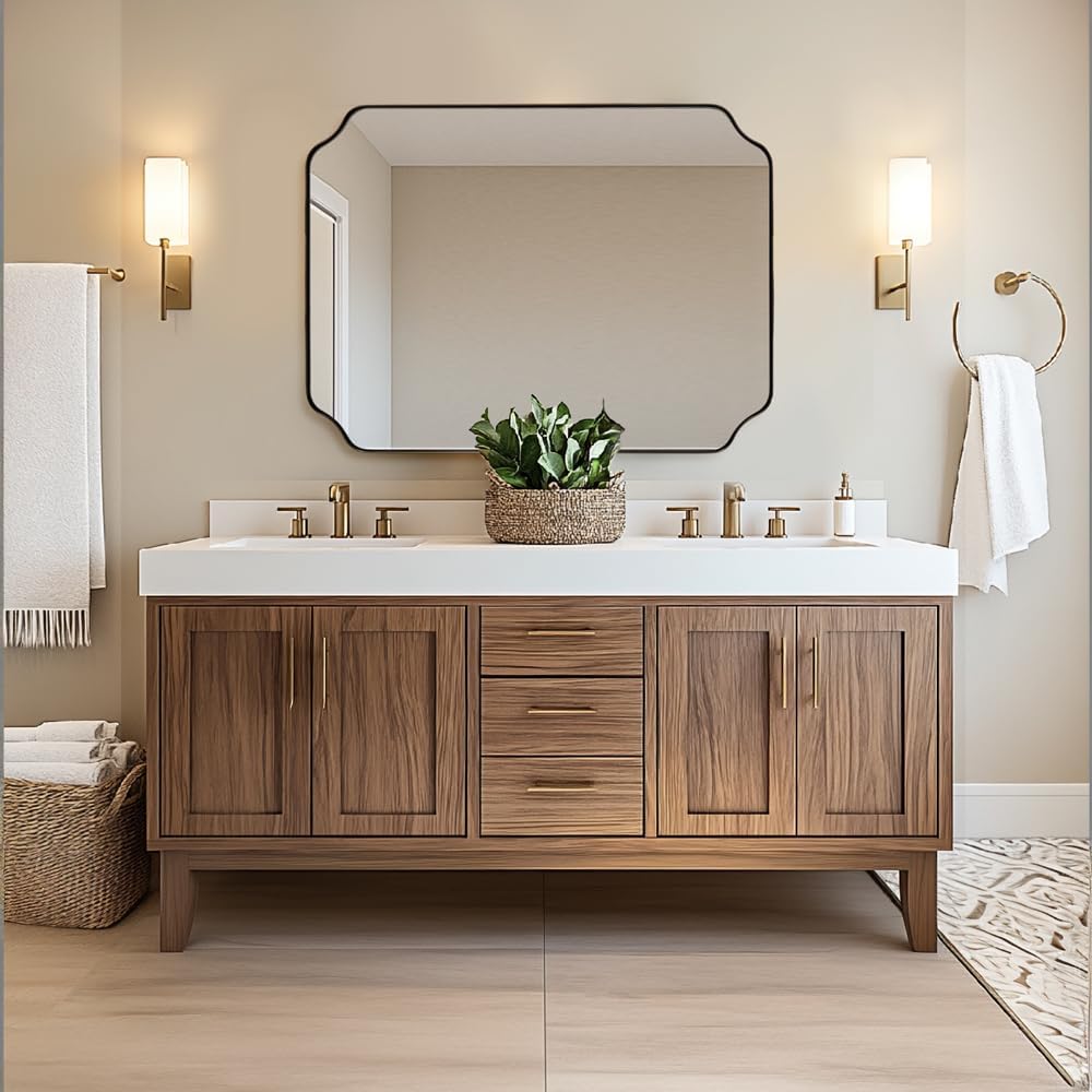 ANDY STAR Rectangle Mirror 30x40 Inch, Brushed Bronze Scalloped Mirror for Bathroom, Rust-Proof Stainless Steel 1" Frame, Antique Scalloped Edge Design Ideal for Home Decor