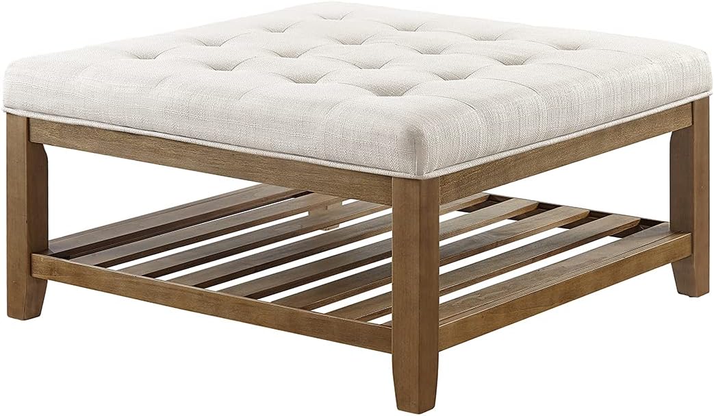 24KF Large Square Upholstered Tufted Linen Ottoman Coffee Table, Large Footrest Ottoman with Solid Wood Shelf-Ivory