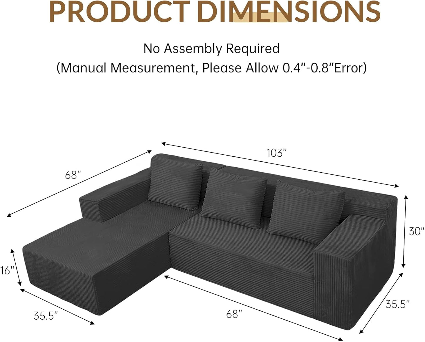 ANONER 103" Modular Sectional Sofa, L-Shaped Cloud Couch with Chaise, Corner Sofa with Deep Seat, Modern Minimalist Boneless Couch, Sectional Couches for Living Room, Apartment (Dark Grey)
