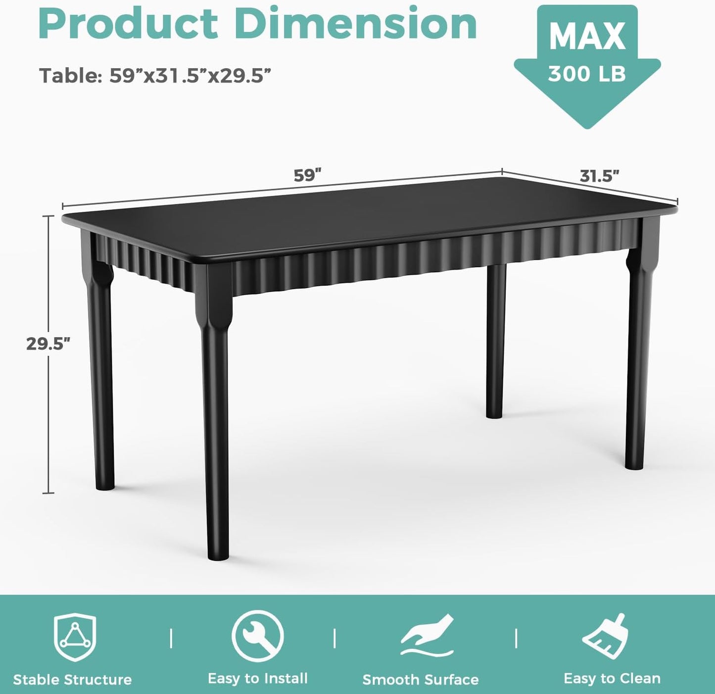 59 Inch Solid Wood Dining Table for 4-6, Farmhouse Kitchen Table with Large Tabletop, Mid Century Modern Table for Dining Room, Living Room, Kitchen, Easy Assembly, Black