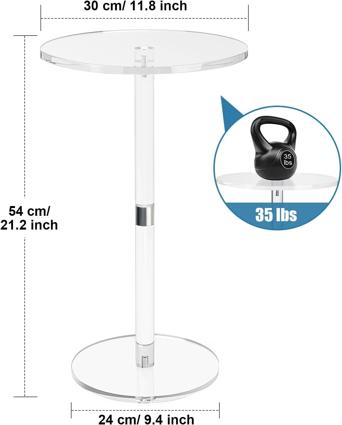 Acrylic End Table, Clear Side Tables for Small Space, 11.8" Round Modern Drink Table for Living Room, Bedroom, Bathroom, Office, Outdoor, Business, Sturdy and Easy to Install (Large)