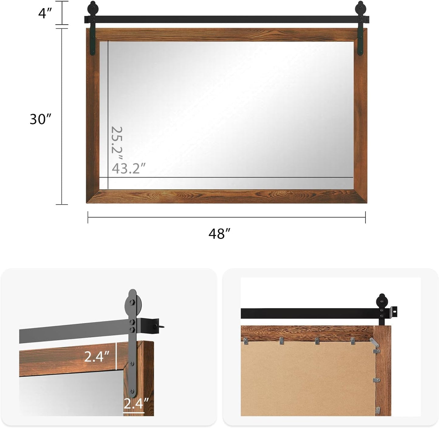 YOSHOOT Farmhouse Barn Door Mirror, 48"x30" Rustic Wood Framed Wall Mirror, Wall Mounted Vintage Mirror, Wooden Farmhouse Style for Bathroom Living Room Entryway, Brown, Horizontal Hanging ONLY