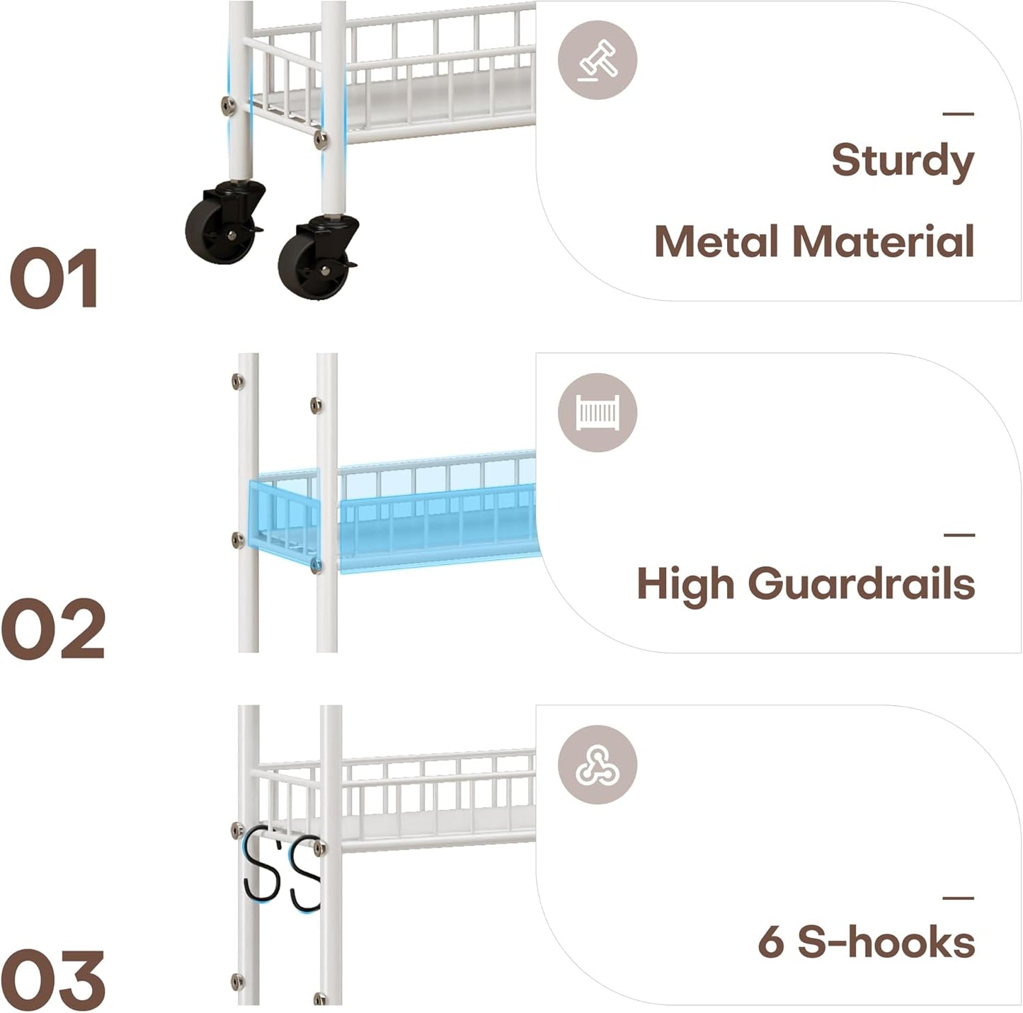 6 Tier Slim Rolling Storage Cart with Wheels, Metal Mobile Shelving Unit Organizer Utility Cart for Office Bathroom Kitchen Laundry Room Narrow Places (White 6 Inches)