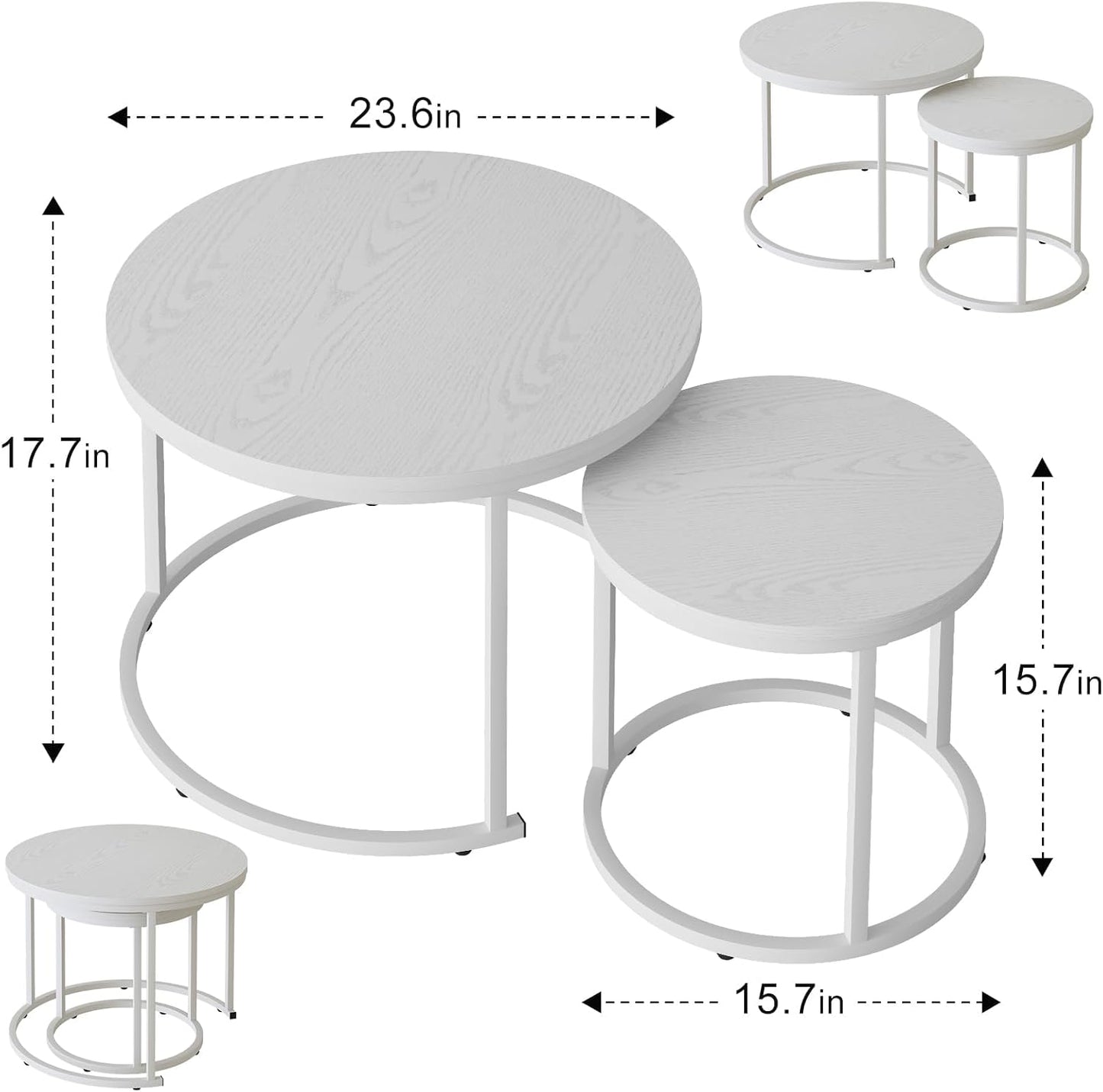 Garden 4 you Nesting Coffee Table, 23.6" Round Coffee Table Set of 2, Wooden Nesting Table Set with Metal Frame, Side Tables for Living Room Bedroom Balcony, White