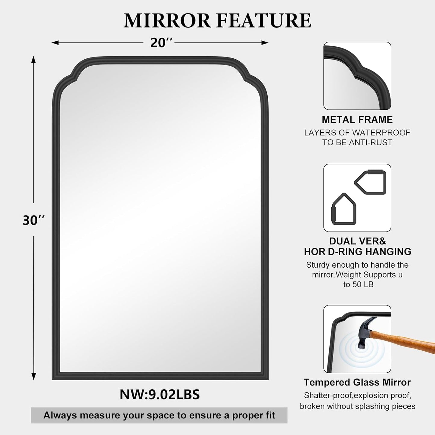 20X30 Inch Black Metal Framed Bathroom Mirror for Wall, Matte Black Bathroom Vanity Mirror, Rectangular Rounded Decor Mirror Anti-Rust, Tempered Glass (Black 20" x 30")