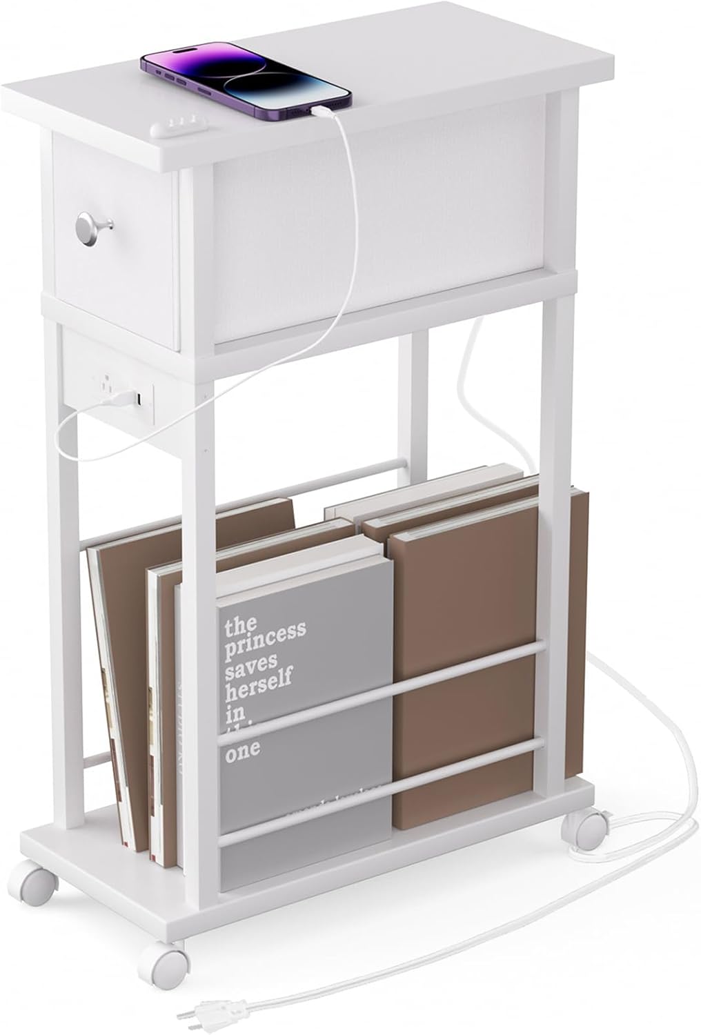Side Table with Charging Station and Drawer, Narrow End Table with USB Ports and Outlets for Small Space, Living Room, Bedroom and Office, with 4 Wheels (1, White)