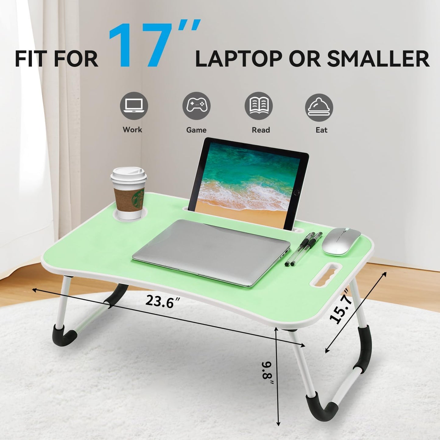 BUYIFY Folding Lap Desk, 23 Inch Portable Wood Green Laptop Bed Desk Lap Desk with Cup Holder, for Working Reading Writing, Eating, Watching Movies for Bed Sofa Couch Floor