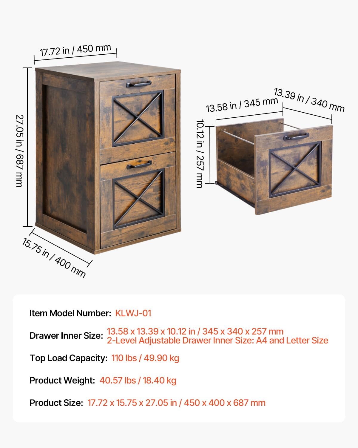 VEVOR 2 Drawer File Cabinet, Vertical Filing Storage Cabinets for Home Office, Heavy-Duty Cabinet with 2-Level Adjustable Hanging Rod, for A4/Letter/Legal Size File, Easy to Assemble (Honey Brown)