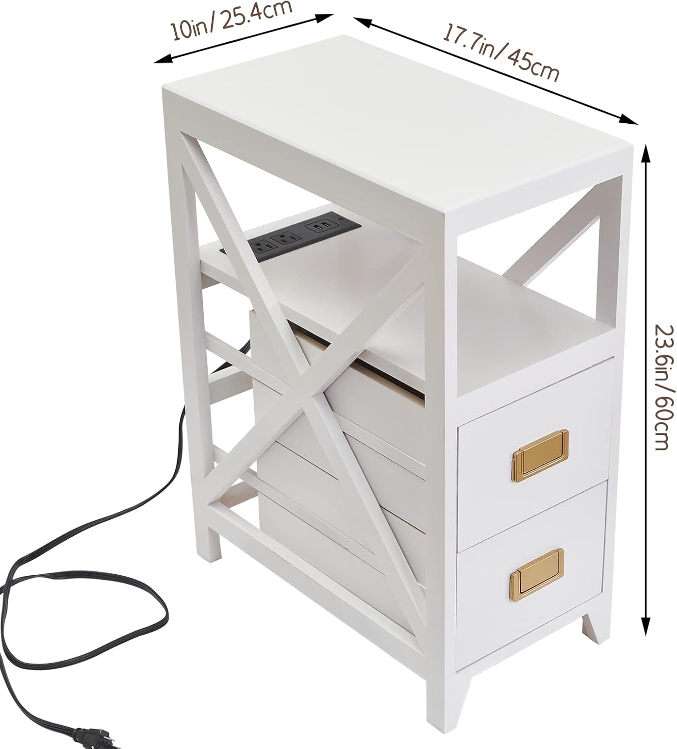 Fully Assembled Narrow Side Table with Charging Station, No Assembly Narrow Nightstand with USB Ports, Pre Assembled Skinny End Table with Outlets for Living Room, Bedroom-White