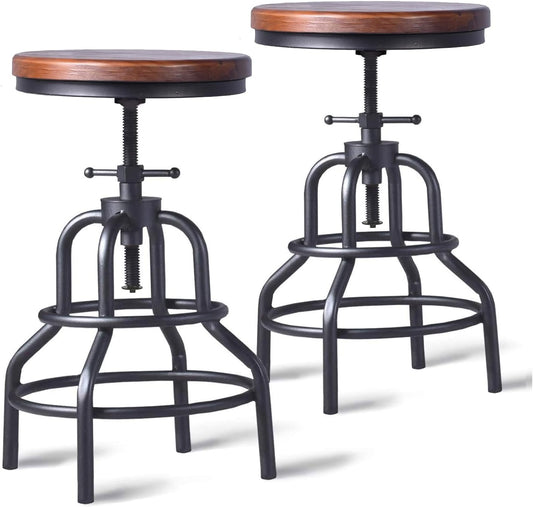 LOKKHAN Vintage Industrial Bar Stool-Rustic Swivel Barstools-Round Wood Metal Base-Kitchen Counter Height Adjustable Pipe Stool-Cast Steel Chairs 20-27 Inch (Set of 2)
