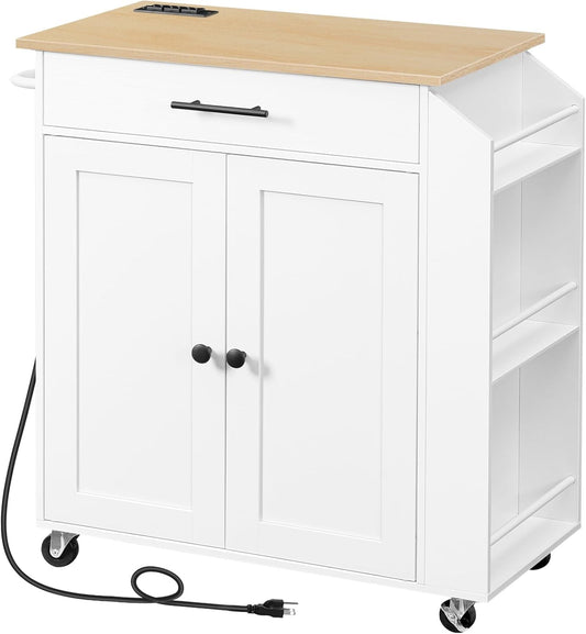 HOOBRO Kitchen Island with Power Outlet, Kitchen Storage Island with Spice Rack and Drawer, Rolling Kitchen on Wheels, for Home, Dining Room, Natural and White