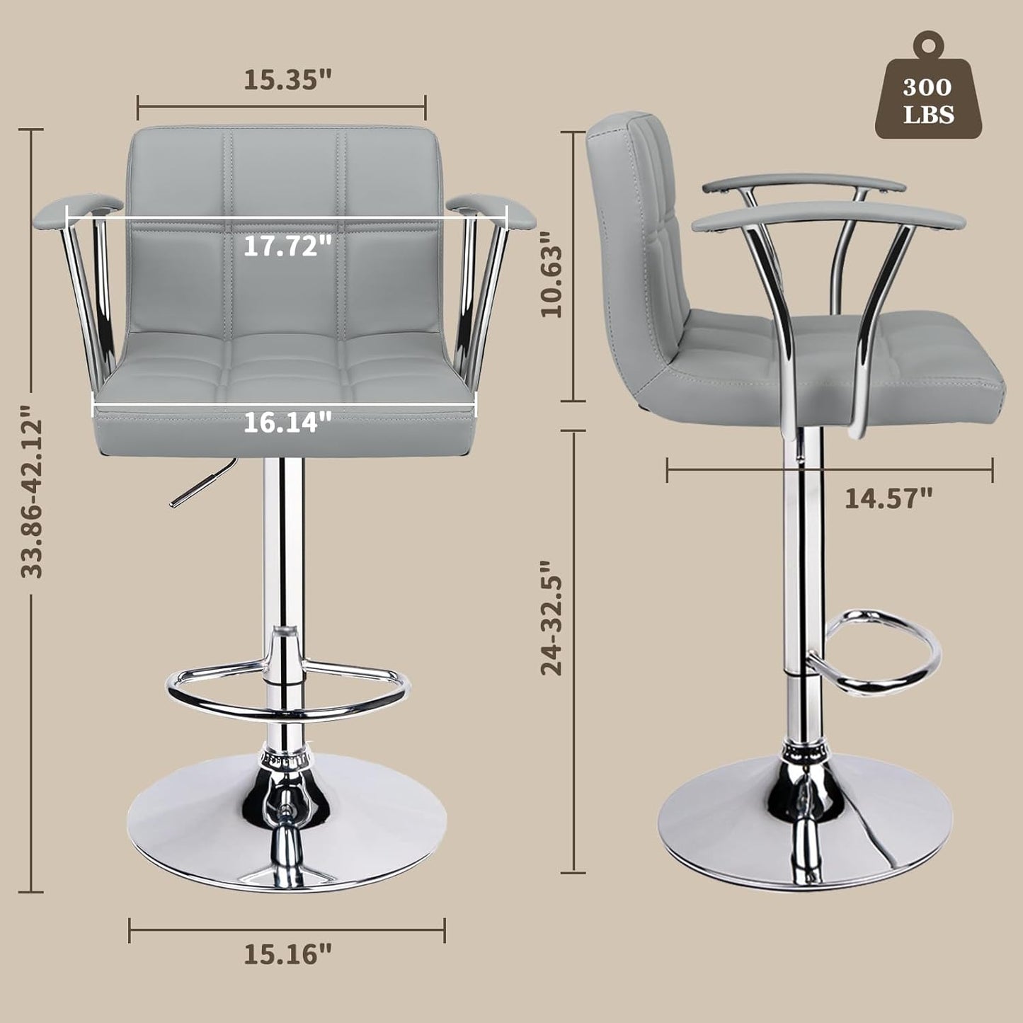 Bar Stools Set of 2,Armrest Adjustable Swivel Barstools with Back,Double Needle PU Leather Counter Height Bar Stools for Kitchen Island, Light Grey