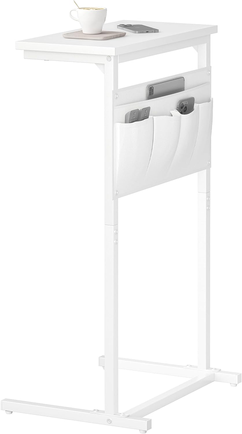 C Shaped End Table, Side Table for Sofa, Small TV Tray, Couch Table with Storage Bag for Small Space, Living Room, Bedroom, Home Office LET501W (White)