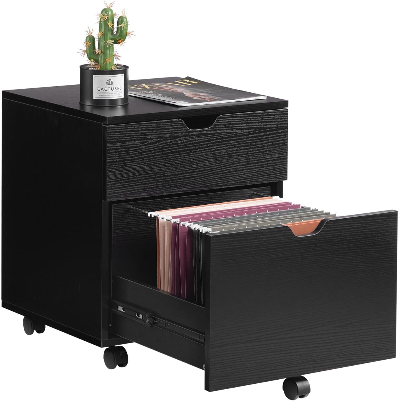 HollyHOME File Cabinet, 2 Drawers Filing Cabinet for Home Office, with Wheels, for A4, Letter Sized Documents, Hanging File Folders,Black