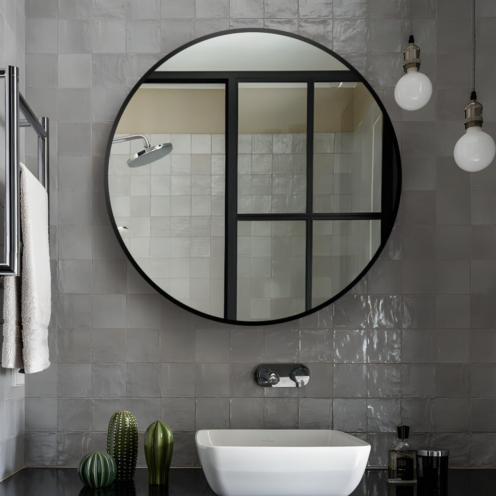 26inch Bathroom Round Mirror,Wall Mounted Vanity Mirror,Steel Frame,Black,Steel Frame