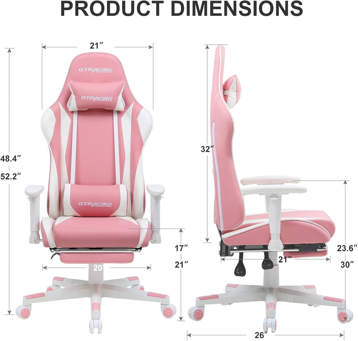 GTRACING Gaming Chair with Footrest, Ergonomic Computer Game Desk Chair, Reclining Gamer Chair Seat Height Adjustment, Swivel Rocker with Headrest and Lumbar (Pink)