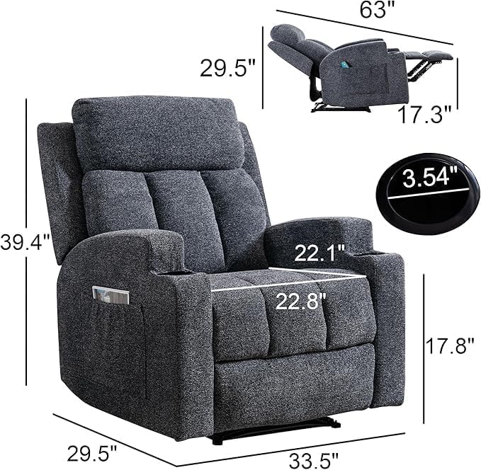Phoenix Home Manual Recliner Chair Set of 2 with Massage and Heat, Ergonomic Overstuffed Breathable Fabric Recliner Single Sofa with 2 Cup Holders, Living Room Lounge Recliners on Clearance, Dark Gray