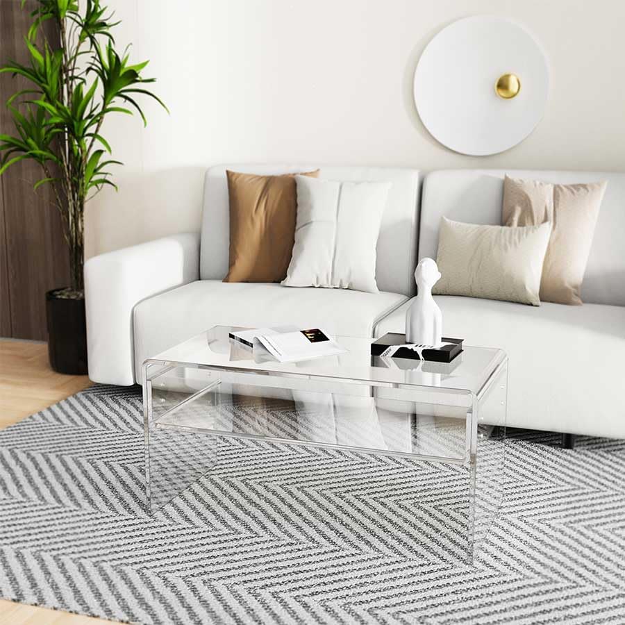 32inch Premium Clear Acrylic Rectangle Coffee Table with Storage Shelf for Living Room,Mid Century Transparent Waterfall Low Tea Table, Middle Size Table (32"x16"x16") Fit for 2 Seat Sofa
