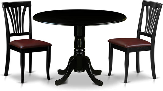 East West Furniture DLAV3-BLK-LC 3 Piece Dining Set Contains a Round Dining Room Table with Dropleaf and 2 Faux Leather Upholstered Kitchen Chairs, 42x42 Inch, Black