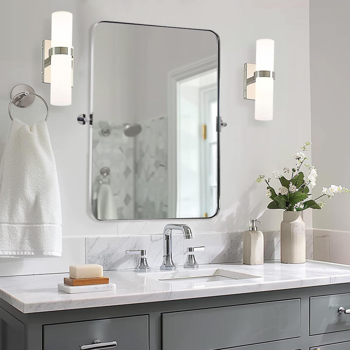 MOON MIRROR Chrome Pivot Rectangle Bathroom Mirror, Modern Tilt Rounded Rectangular Pivoting Vanity Mirrors for Wall, Stainless Steel Metal Polish Frame, Overall 32.33 x 36 in (Mirror 28x 36 in)