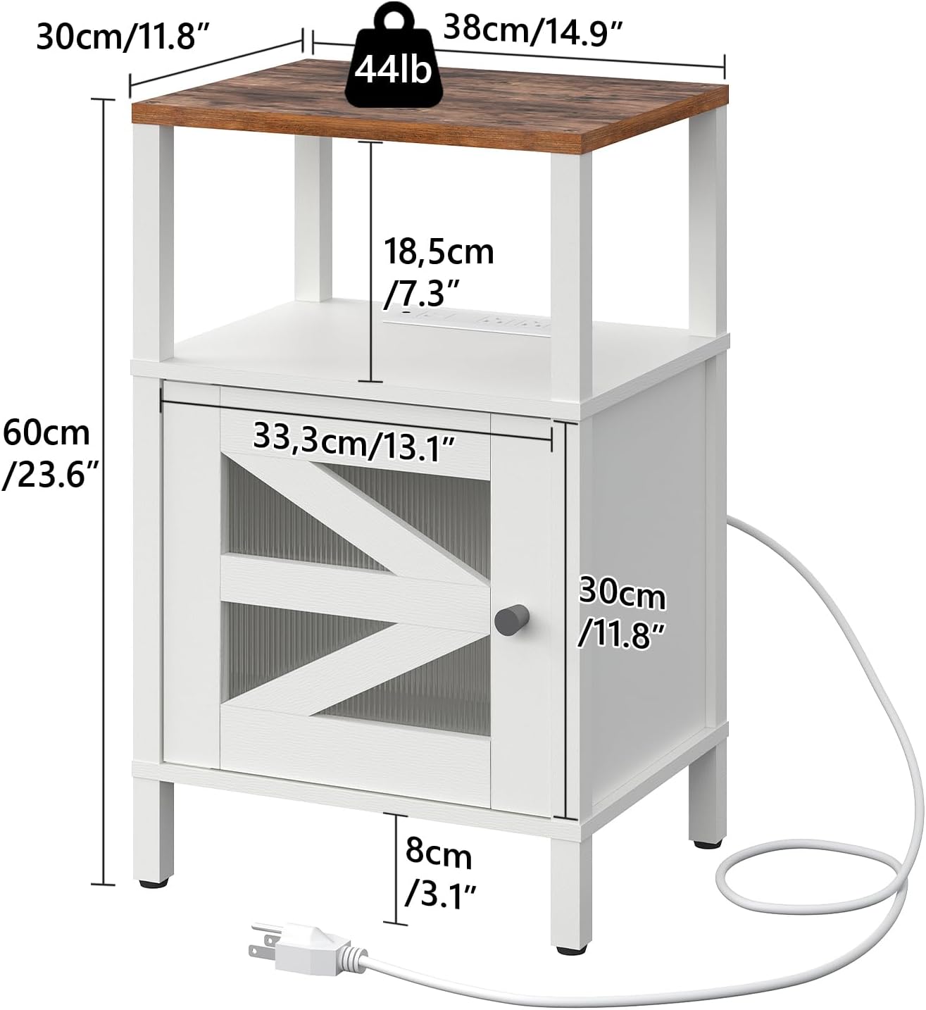 Farmhouse Nightstand with Charging Station, White Bedside Table with USB&Type-C Ports and Outlets, End Table with Storage, Acrylic Door, for Bedroom, White and Rustic Brown ETRW97E01