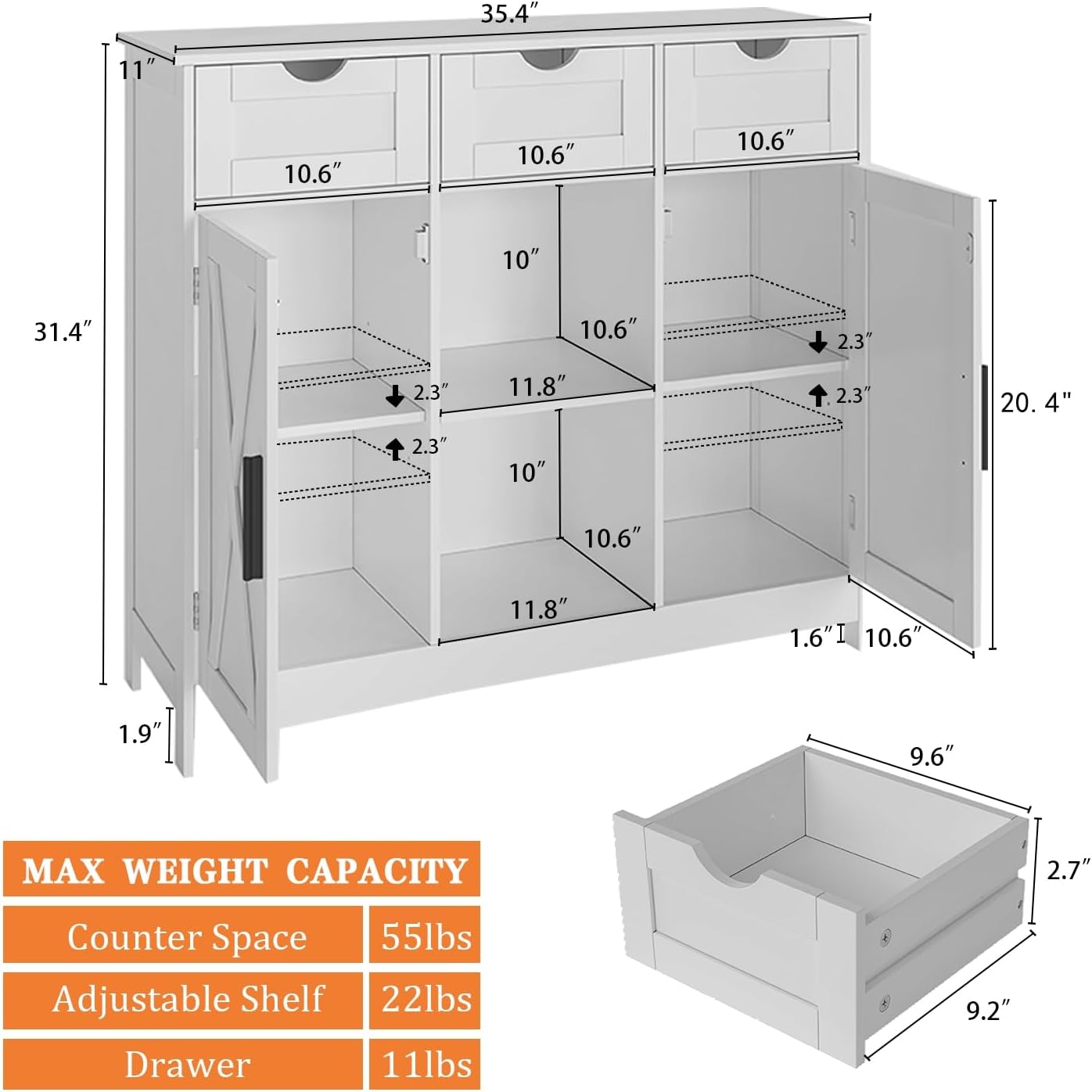 Storage Cabinet, Coffee Bar Cabinet with 2 Adjustable Shelves, 3 Drawers, and 2 Doors, for Bathroom, Kitchen, Living Room (White)