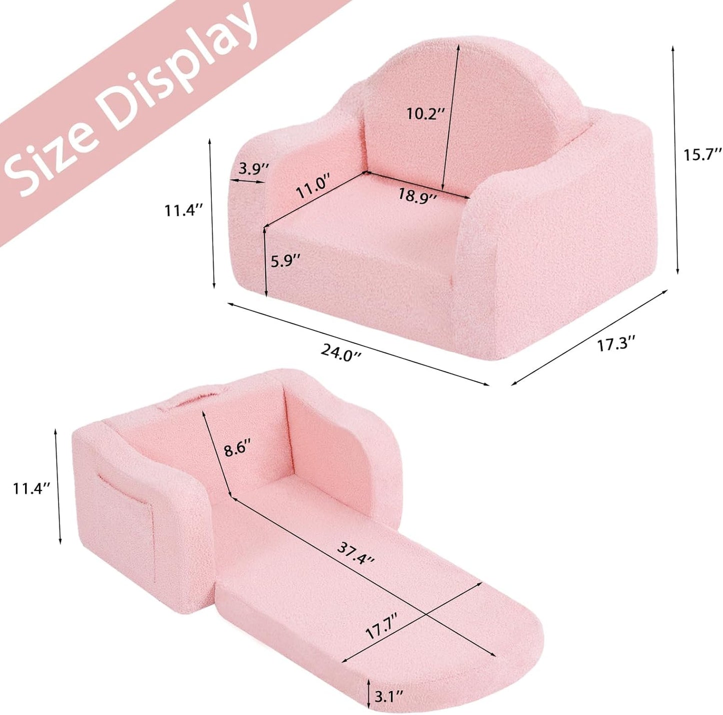 Welnow Kids Sofa, 2-in-1 Soft Sherpa Toddler Chair, Convertible Toddler Couch Lounger, Flip Out Kids Couch Chair with Side Pockets & Removable Cover for Girls and Boys, Pink