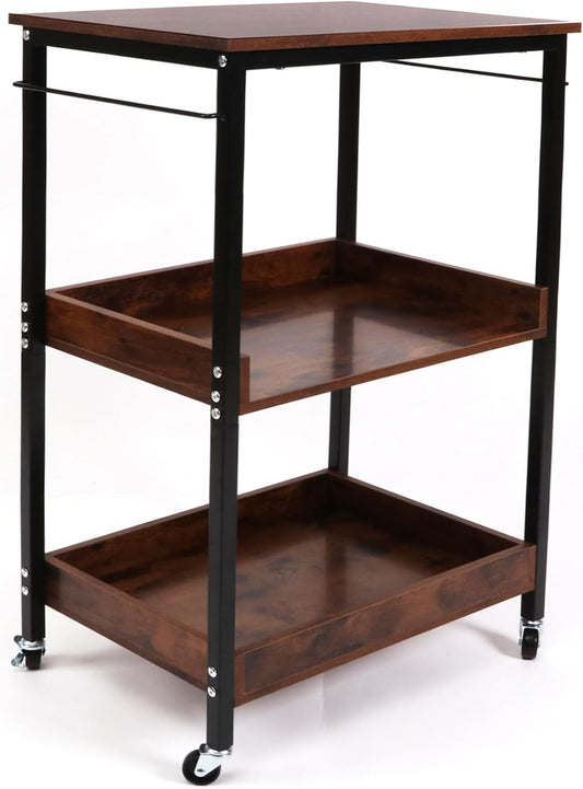 3-Tier Rolling Utility Cart with Table Top- Wooden Utility Cart wit Wheels- Kitchen Storage Microwave Table Stand, Mesh Shelves, for Living and Kitchen Room Office (Brown)