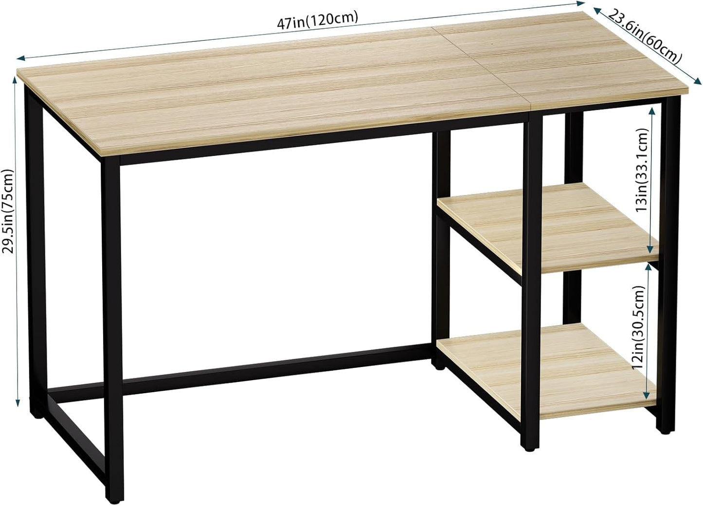 SINPAID Computer Desk 47 inches with 2-Tier Shelves Sturdy Home Office Desks with Large Storage Space Modern Gaming Desk Study Writing Laptop Table, Oak