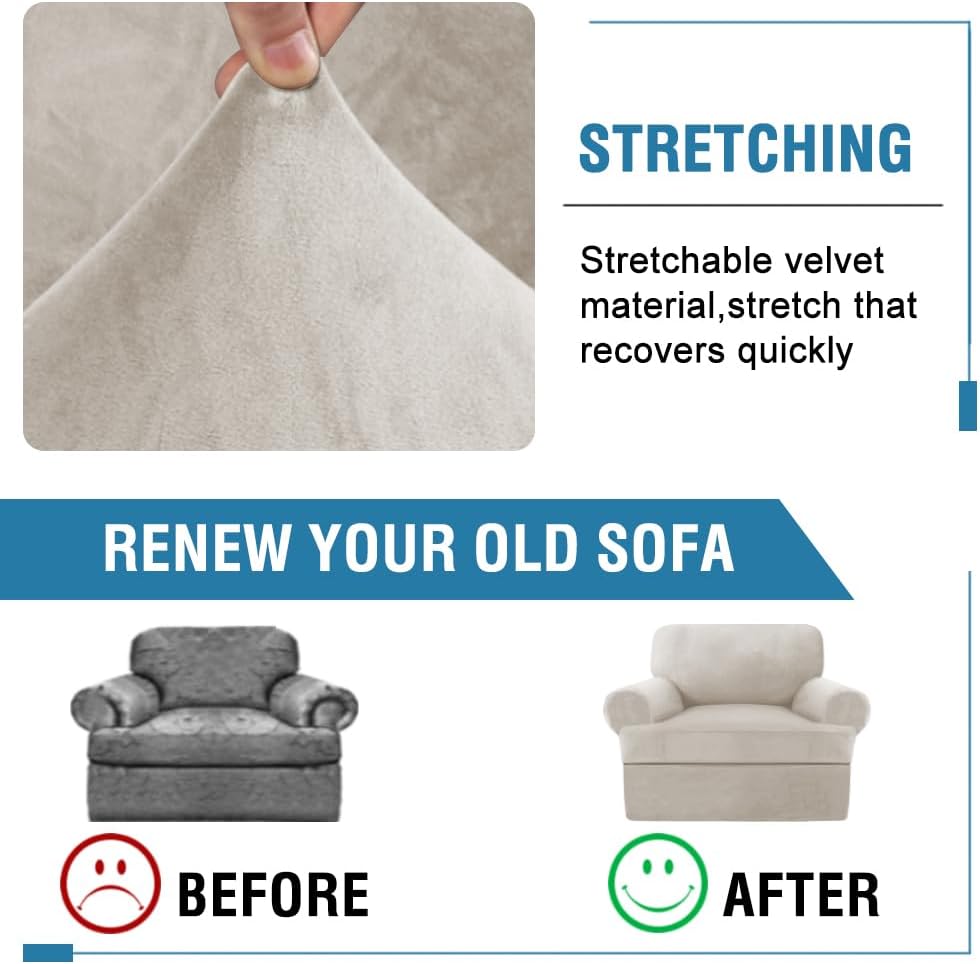 H.VERSAILTEX Sofa Cover 2 Piece T Cushion Armchair Slipcovers Thick Velvet Couch Cover Stretch T Cushion Sofa Covers for 1 Cushion Couch with 1 Individual T Cushion Covers, French Oak