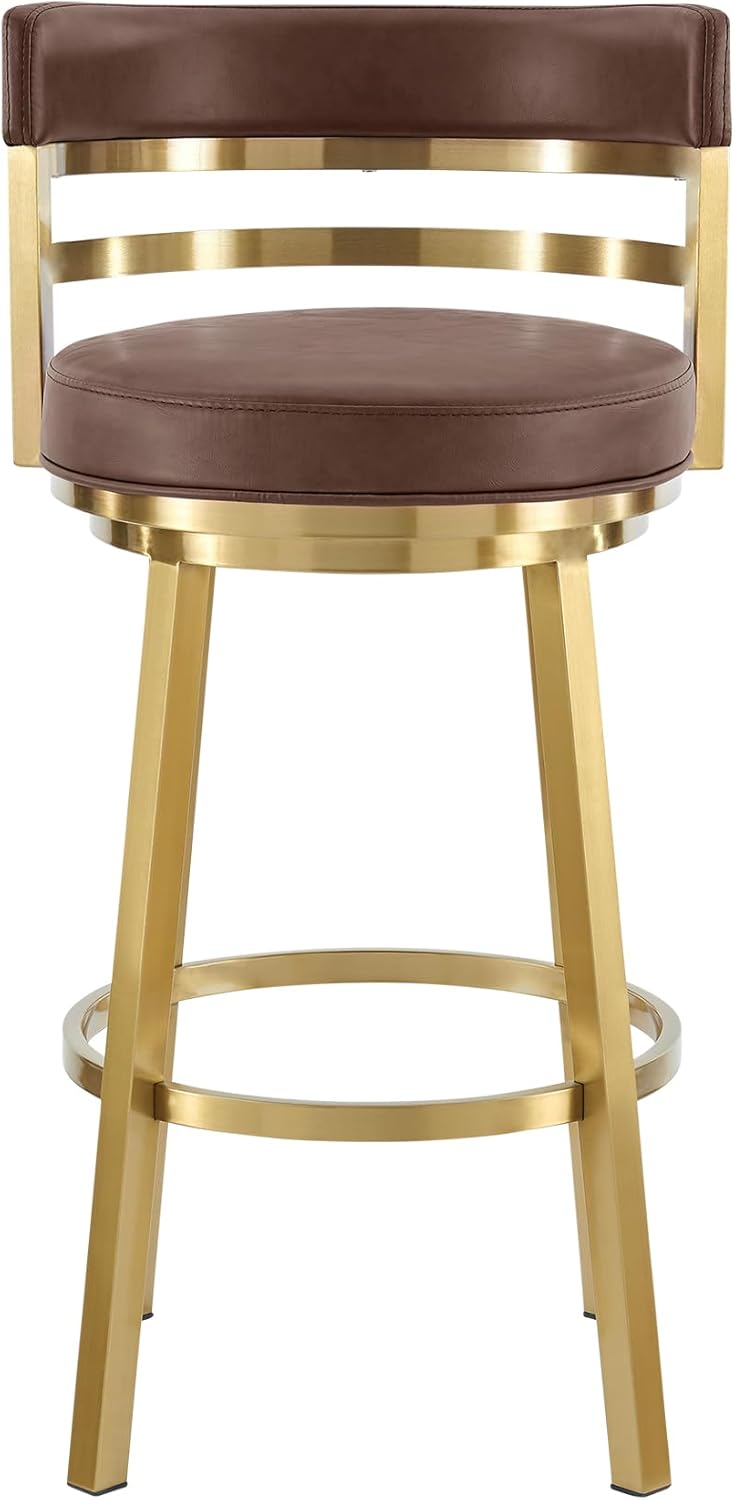 Armen Living Madrid 30" Seat Height Swivel Modern Vintage Coffee Faux Leather and Gold Brushed Stainless Steel Bar Stool for Kitchen Island Counter