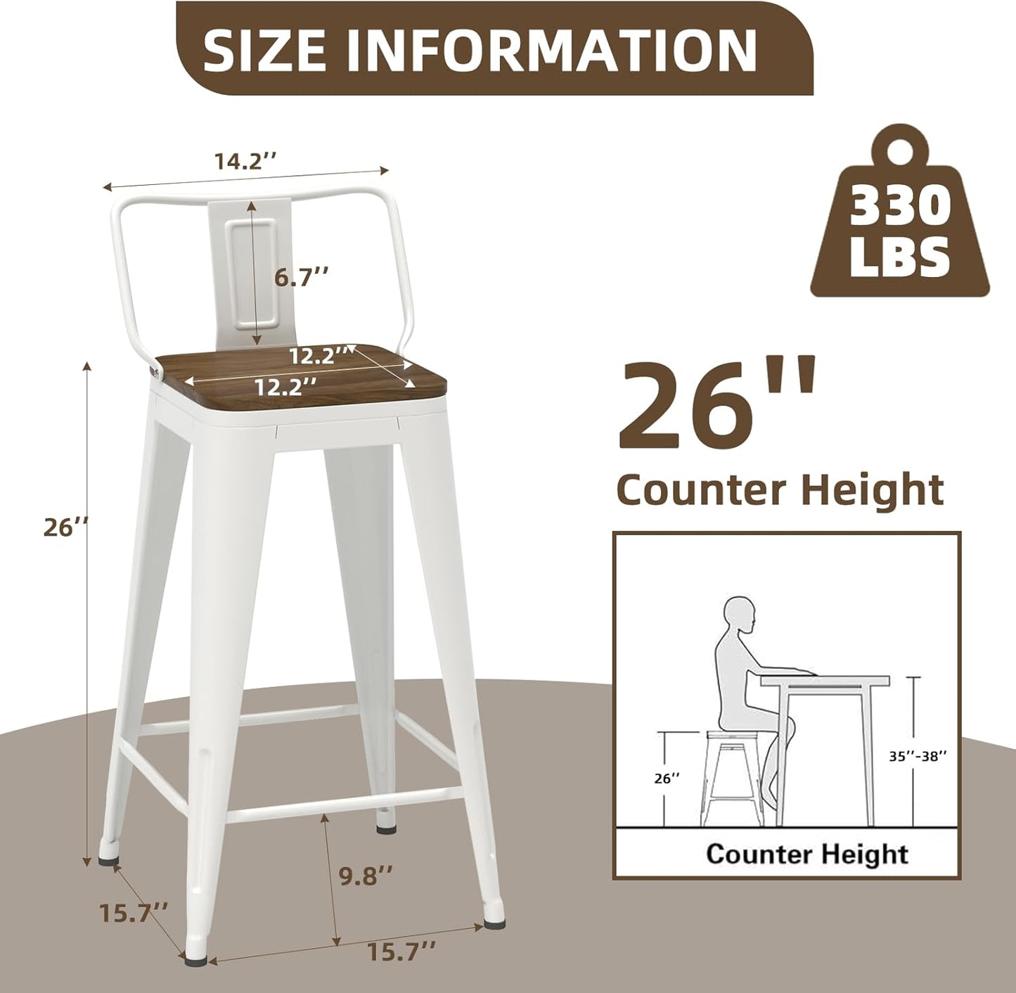 26 Inch Swivel Bar Stools Set of 4, Counter Height Bar Stools with Low Back, Metal Industrial Bar Chairs for Kitchen Island (White)