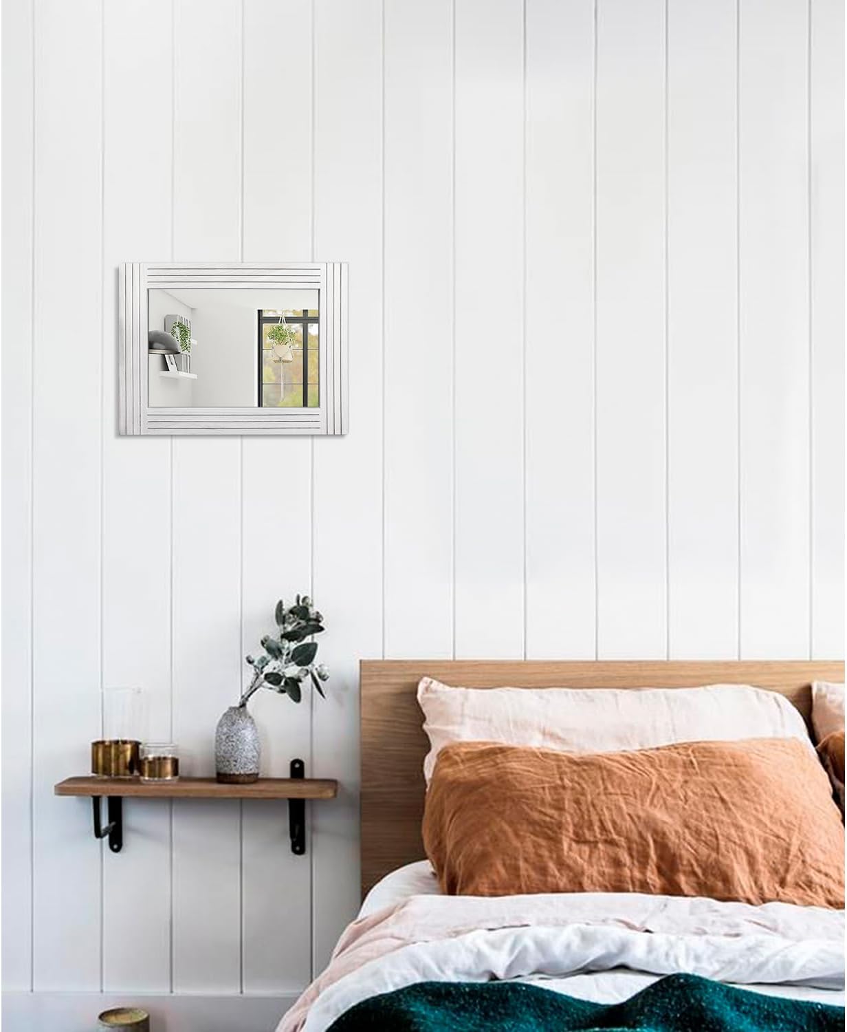 Wood Mirror Rectangular Framed Rustic Vintage Mirrors Decor Farmhouse Bedroom Bathroom Mirror for Dressing Table Entrance Small 16"x12" White