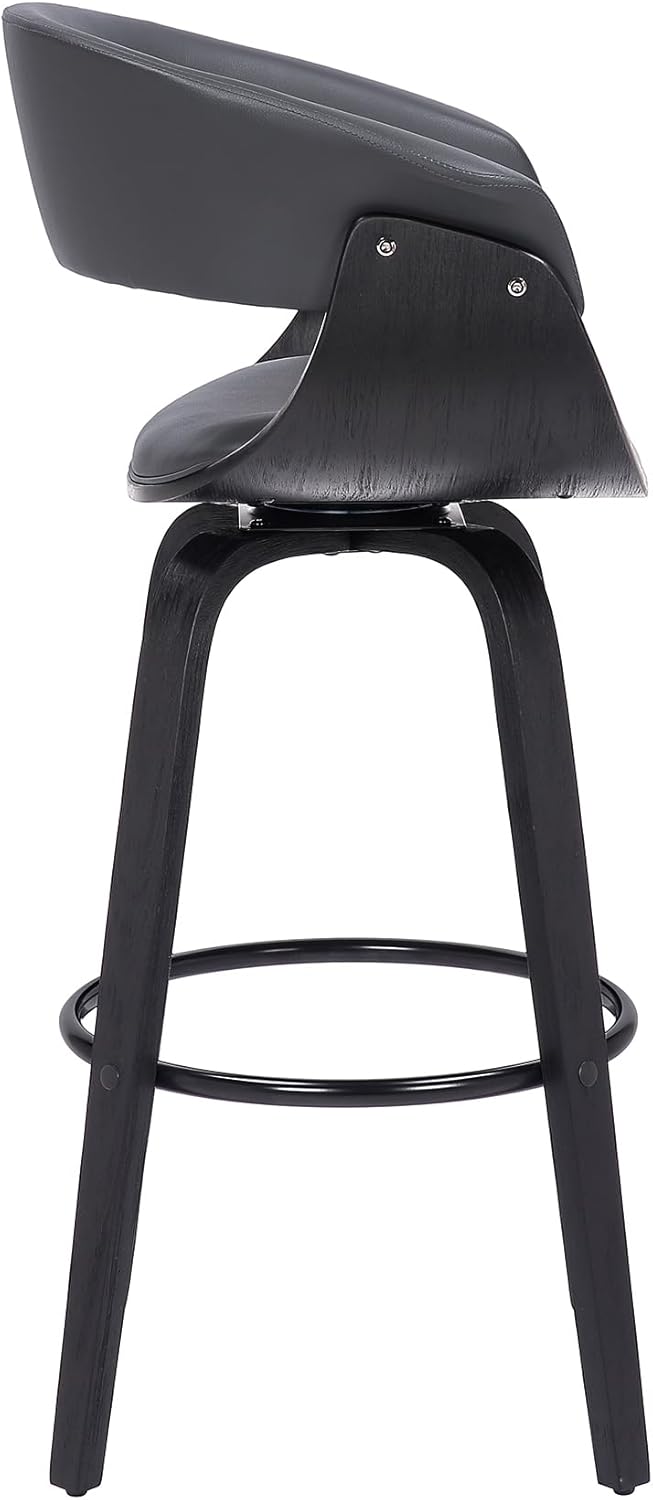 Armen Living Julyssa Mid Century Modern Swivel Bar Stool for Kitchen Island Counter in Gray Faux Leather and Black Wood, 26" Seat Height